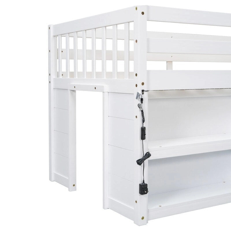Twin Size Kid Low Loft Bed With Two-Tier Shelves And LED Light