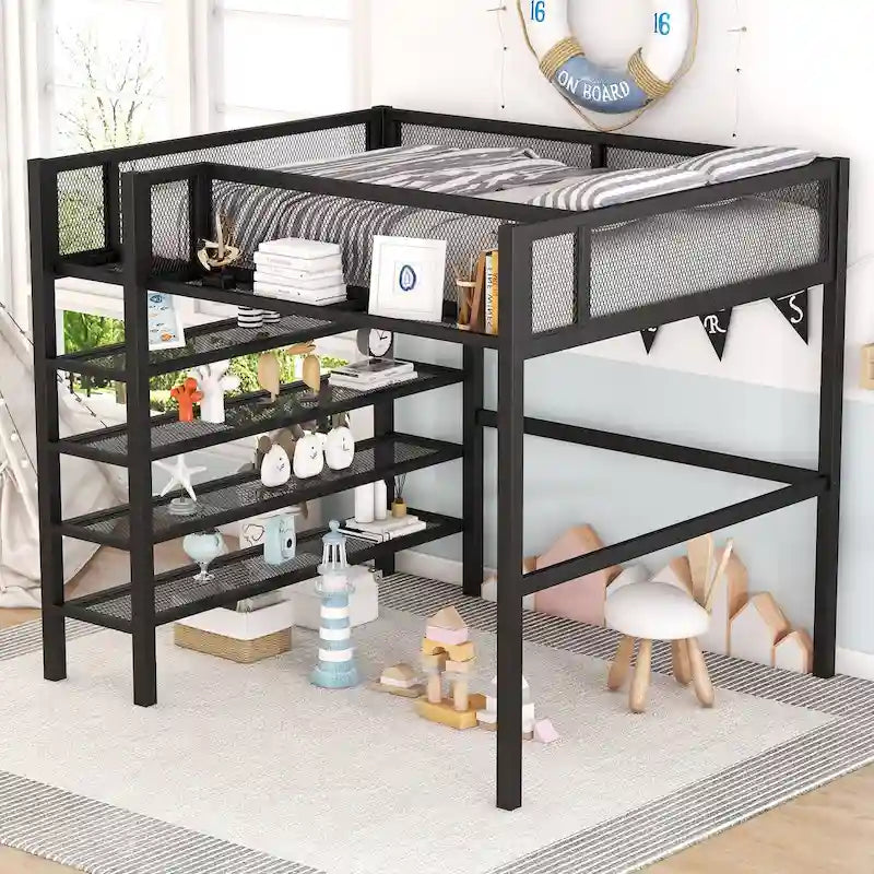 Metal Loft Bed with Shelves, Workstation, Guardrail