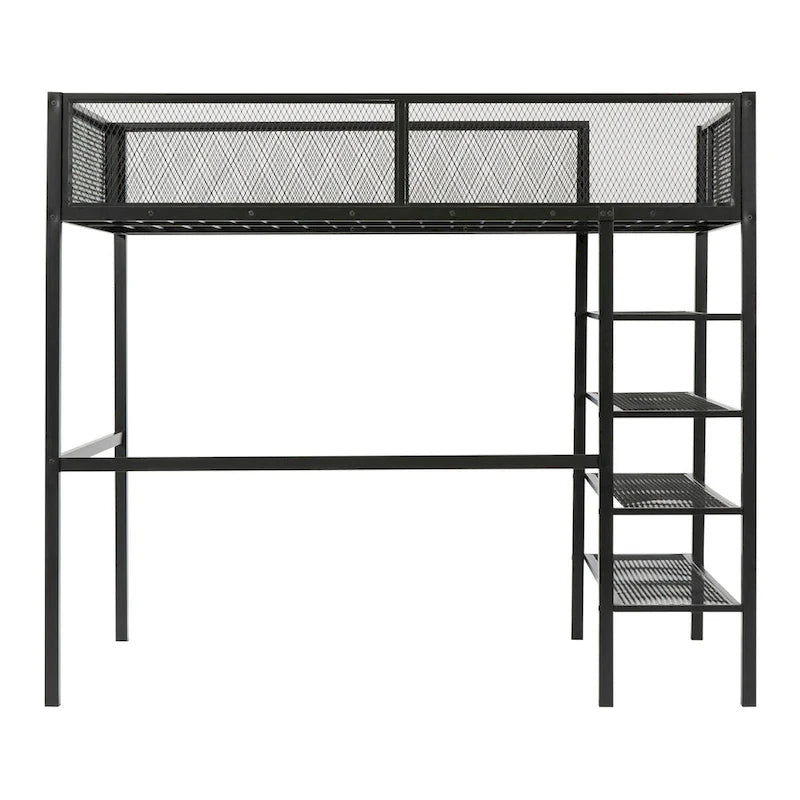 Metal Loft Bed with Shelves, Workstation, Guardrail