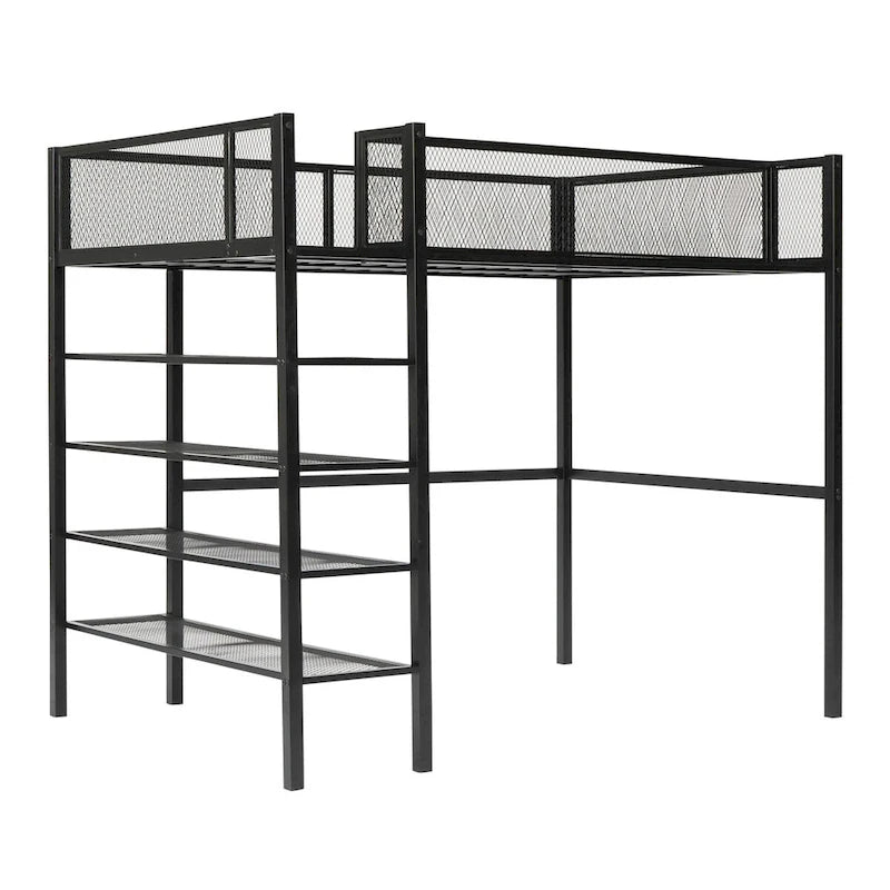 Metal Loft Bed with Shelves, Workstation, Guardrail
