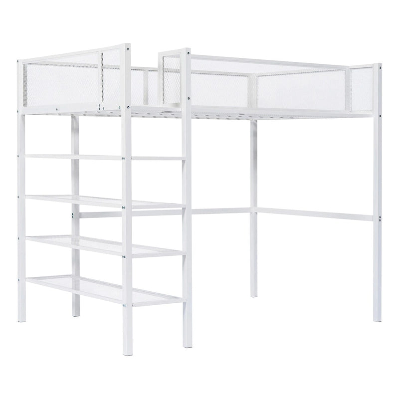 Metal Loft Bed with Shelves, Workstation, Guardrail