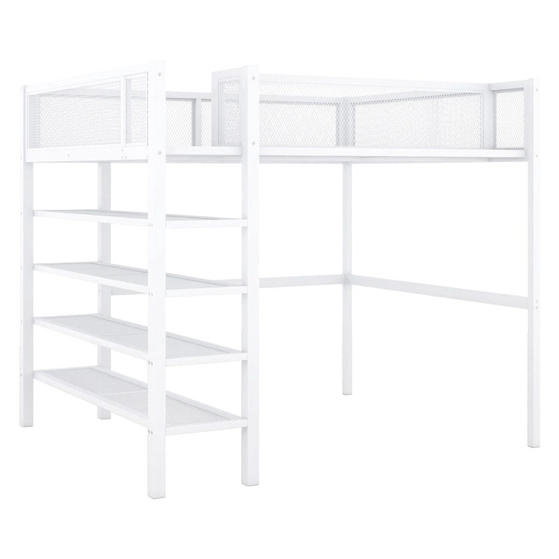 Metal Loft Bed with Shelves, Workstation, Guardrail