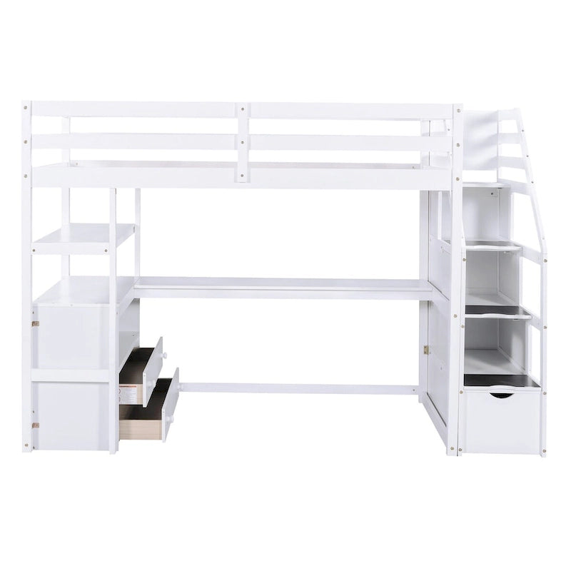 White Pine Loft Bed with Desk, Shelves, Storage Drawers, Storage Staircase