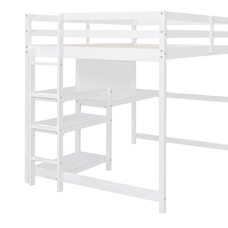 Full Size Wooden Loft Bed with Shelves, Desk and Writing Board