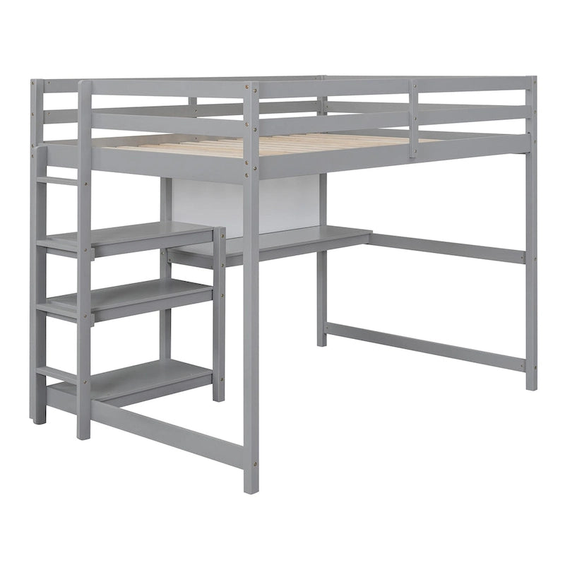 Full Size Wooden Loft Bed with Shelves, Desk and Writing Board