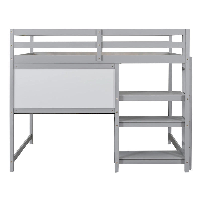 Full Size Wooden Loft Bed with Shelves, Desk and Writing Board