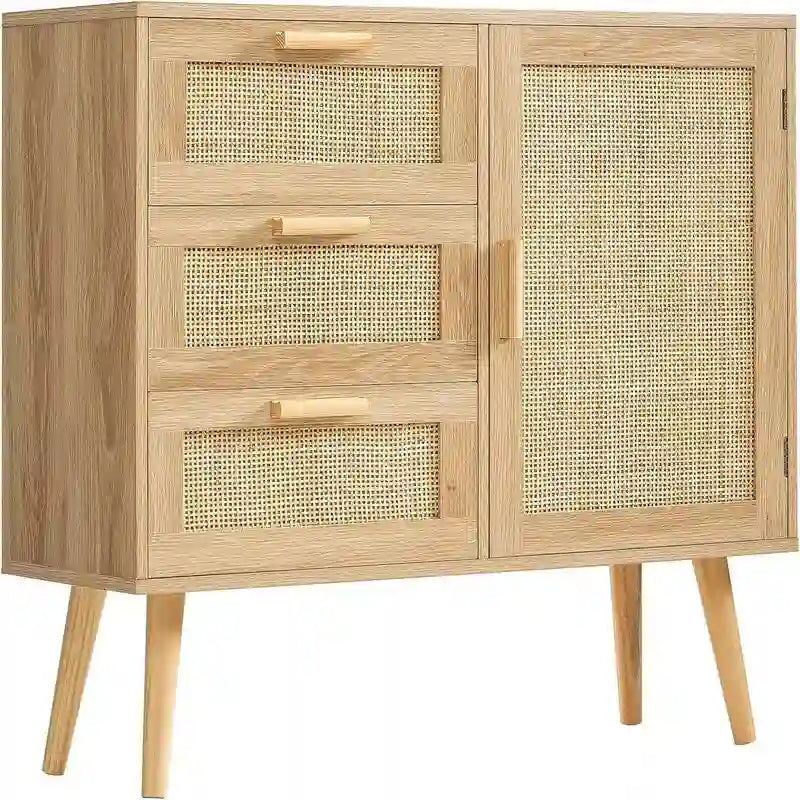 Storage Cabinet with Rattan Door 3 Drawers - 11.8D x 31.5W x 30.7H