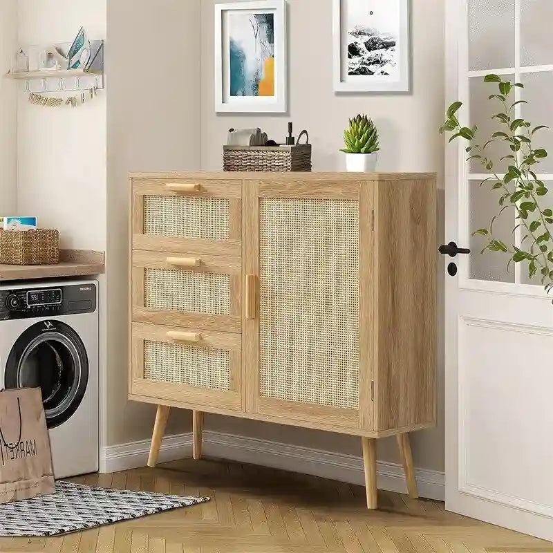 Storage Cabinet with Rattan Door 3 Drawers - 11.8D x 31.5W x 30.7H
