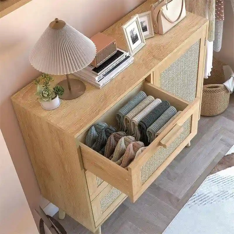 Storage Cabinet with Rattan Door 3 Drawers - 11.8D x 31.5W x 30.7H
