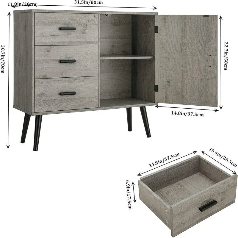 Storage Cabinet with Rattan Door 3 Drawers - 11.8D x 31.5W x 30.7H