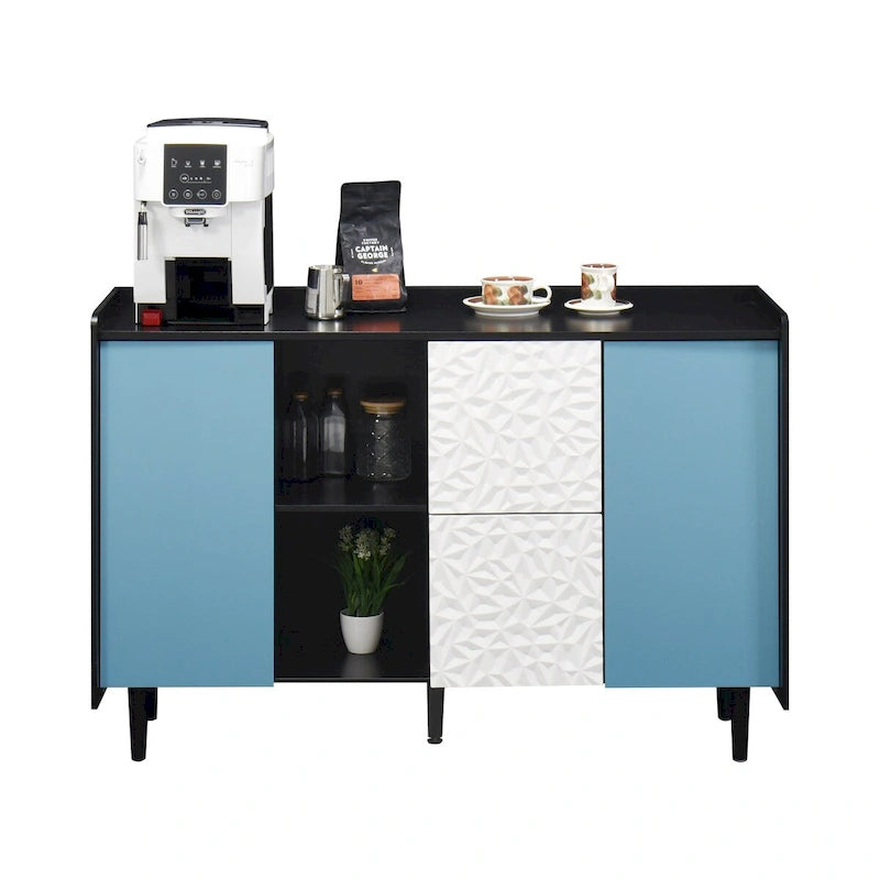 Sideboard Buffet Cabinet,Storage Cabinet with Blue Doors,2 Drawers with unique panel styling and 2 Open Storage Compartment