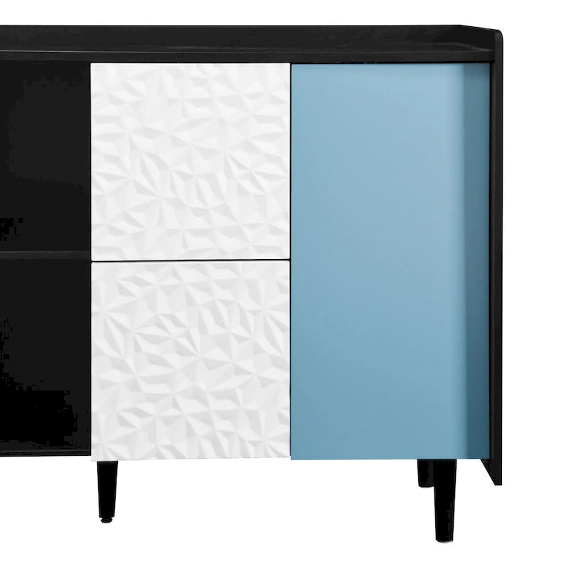 Sideboard Buffet Cabinet,Storage Cabinet with Blue Doors,2 Drawers with unique panel styling and 2 Open Storage Compartment