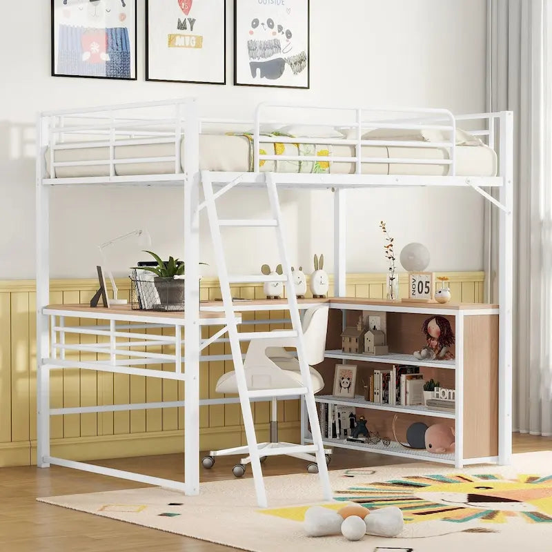 Metal Loft Bed with L-shaped Desk and 3 Layers of Shelves, Reversible Ladder