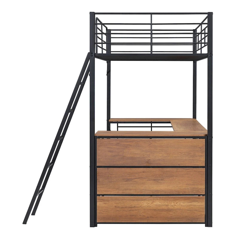 Metal Loft Bed with L-shaped Desk and 3 Layers of Shelves, Reversible Ladder