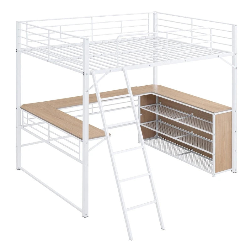 Metal Loft Bed with L-shaped Desk and 3 Layers of Shelves, Reversible Ladder