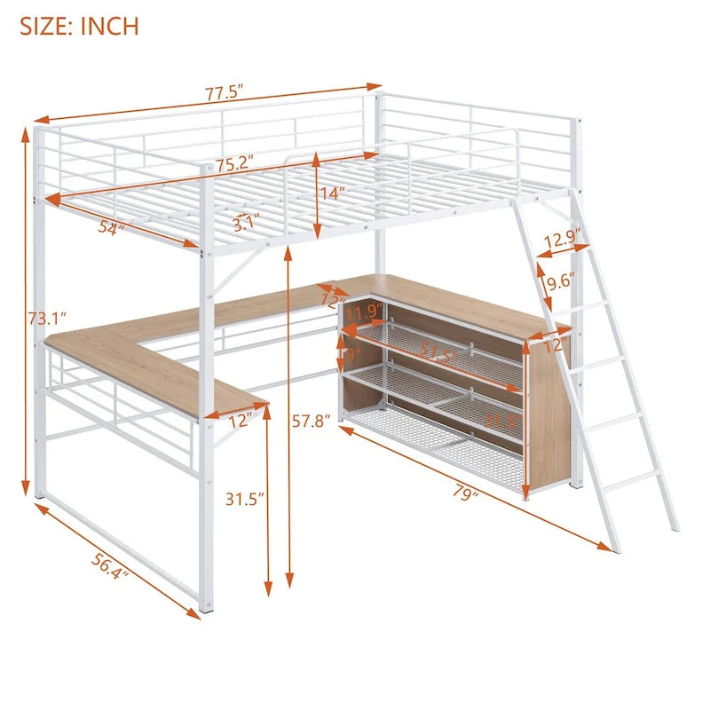 Metal Loft Bed with L-shaped Desk and 3 Layers of Shelves, Reversible Ladder
