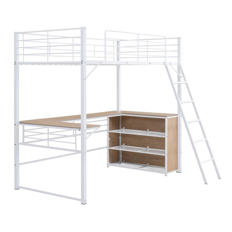 Metal Loft Bed with L-shaped Desk and 3 Layers of Shelves, Reversible Ladder
