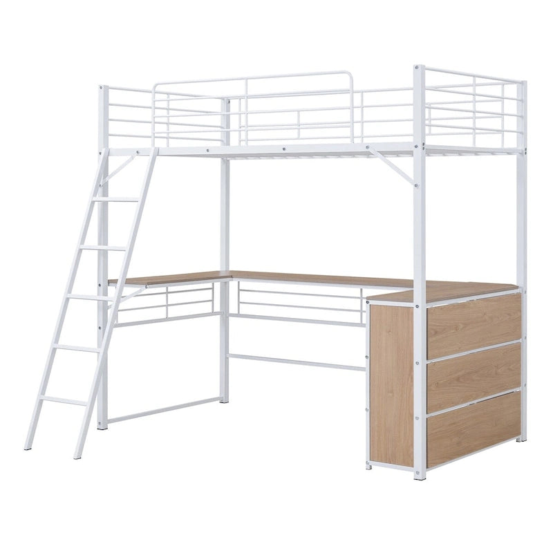 Metal Loft Bed with L-shaped Desk and 3 Layers of Shelves, Reversible Ladder