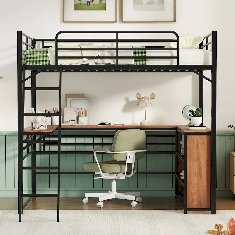 Metal Loft Bed with L-shaped Desk and 3 Layers of Shelves, Reversible Ladder