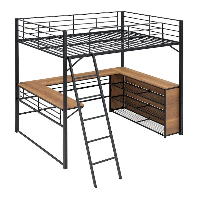 Metal Loft Bed with L-shaped Desk and 3 Layers of Shelves, Reversible Ladder