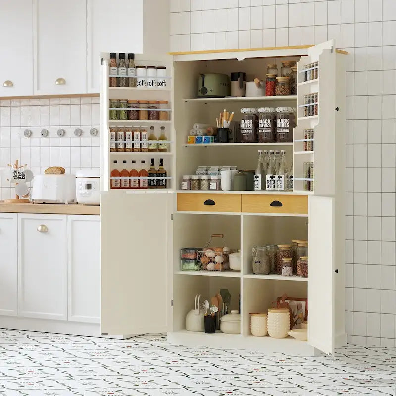 40.2x20x71.3inch High Freestanding Kitchen Pantry Large Cupboard Storage Cabinet with 2 Drawers, 2 Adjustable 8 Door Shelves