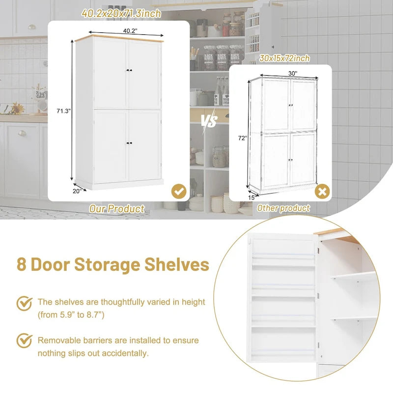 40.2x20x71.3inch High Freestanding Kitchen Pantry Large Cupboard Storage Cabinet with 2 Drawers, 2 Adjustable 8 Door Shelves