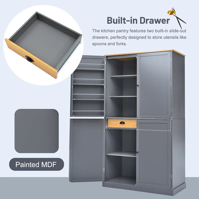 40.2x20x71.3inch High Freestanding Kitchen Pantry Large Cupboard Storage Cabinet with 2 Drawers, 2 Adjustable 8 Door Shelves