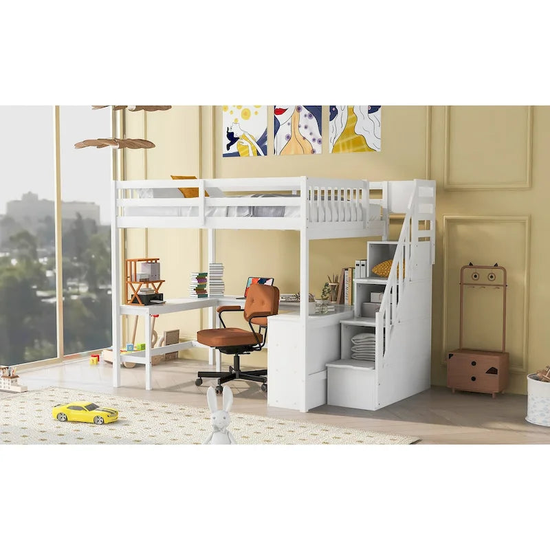 Loft Bed with Built-In L-Shaped Desk and 3-Tier Storage Shelves and Attached Storage Staircase