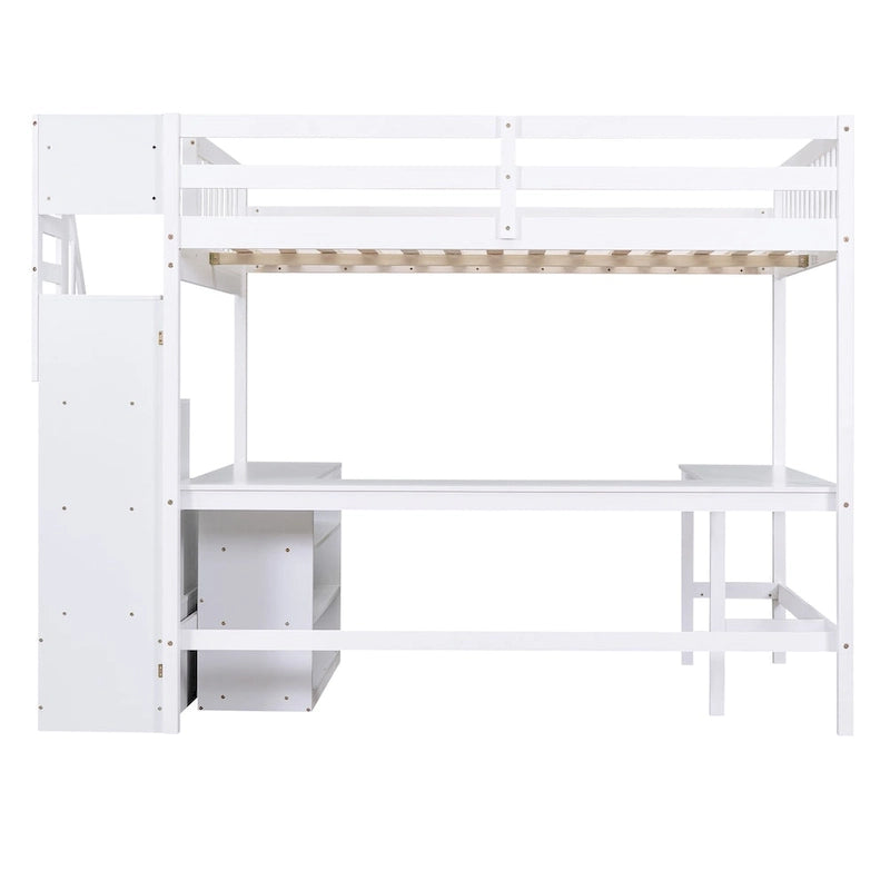 Loft Bed with Built-In L-Shaped Desk and 3-Tier Storage Shelves and Attached Storage Staircase