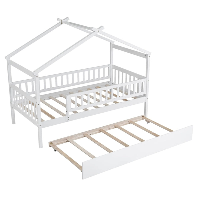 Twin Size Pine Wood House Bed with Twin Size Trundle, Full-Length Guardrail