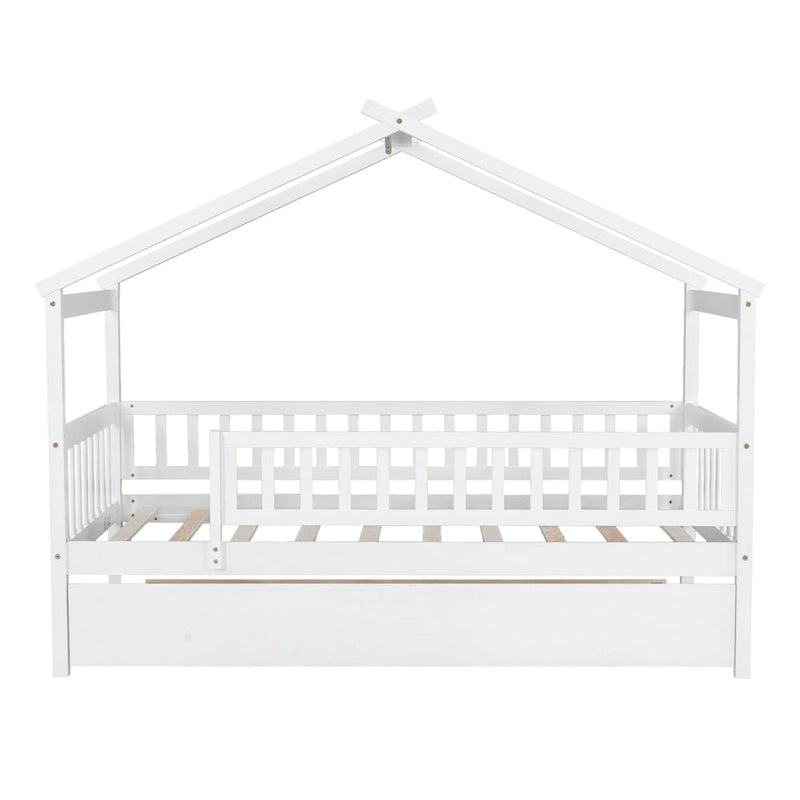 Twin Size Pine Wood House Bed with Twin Size Trundle, Full-Length Guardrail