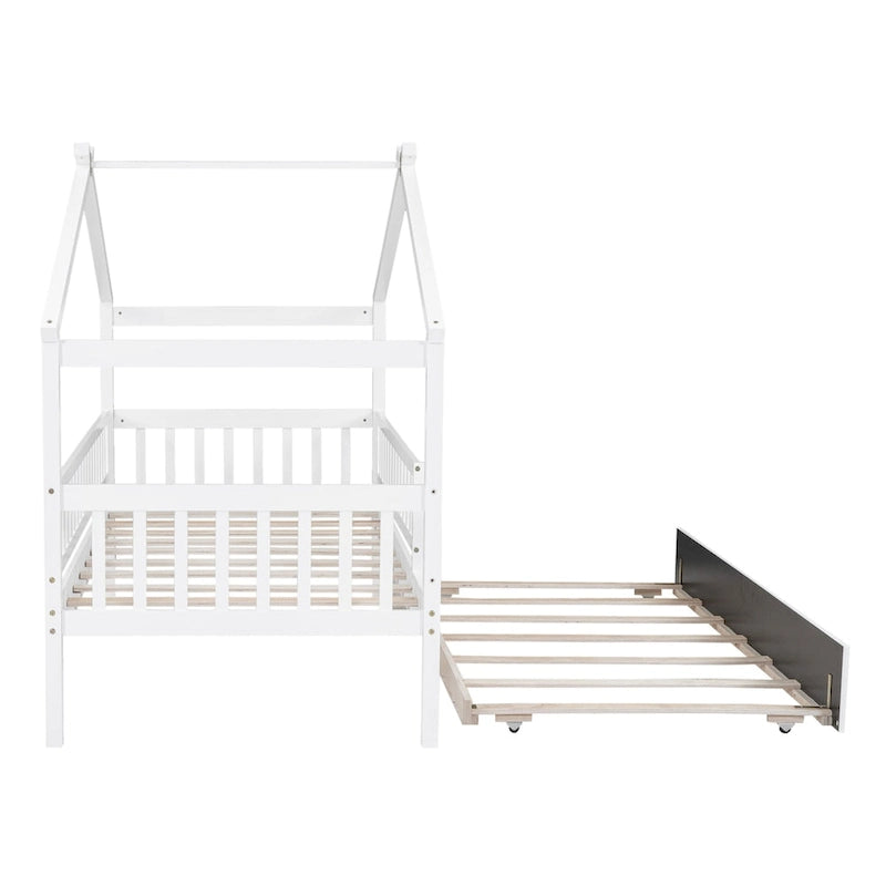 Twin Size Pine Wood House Bed with Twin Size Trundle, Full-Length Guardrail