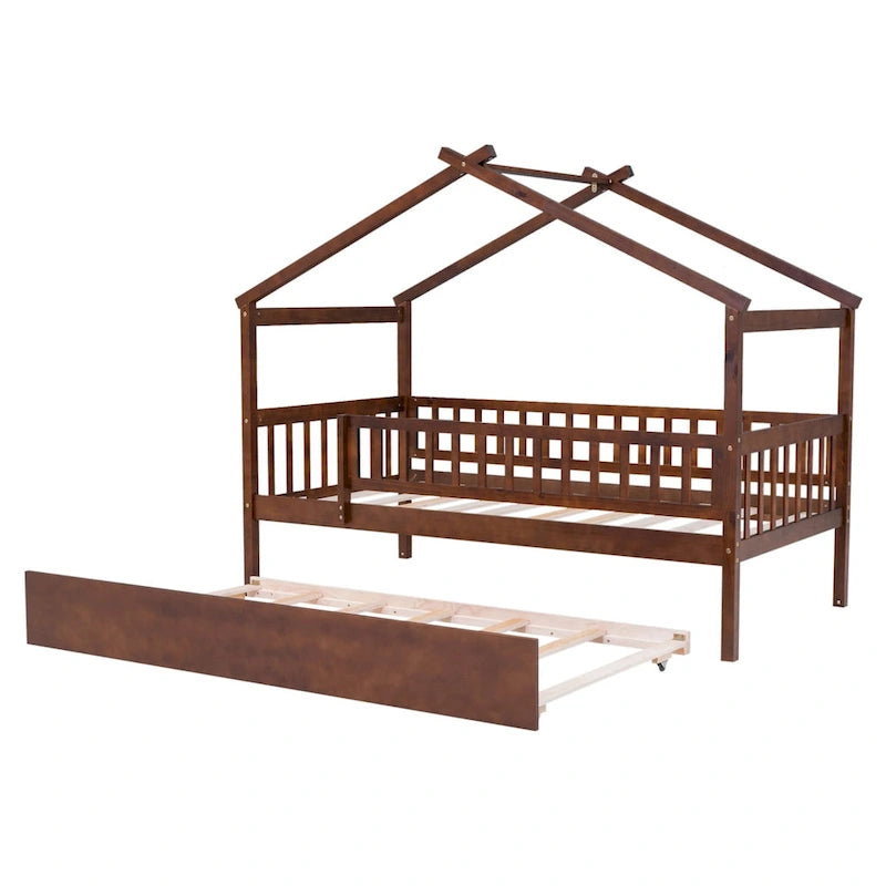 Twin Size Pine Wood House Bed with Twin Size Trundle, Full-Length Guardrail