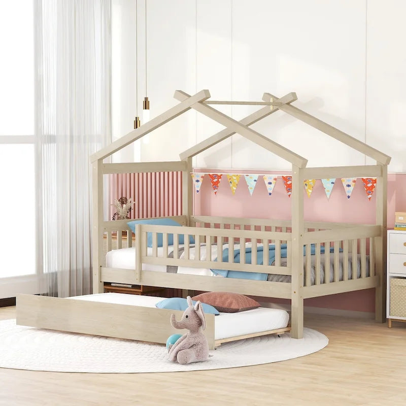 Twin Size Pine Wood House Bed with Twin Size Trundle, Full-Length Guardrail