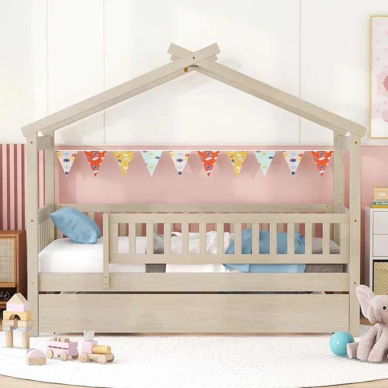 Twin Size Pine Wood House Bed with Twin Size Trundle, Full-Length Guardrail