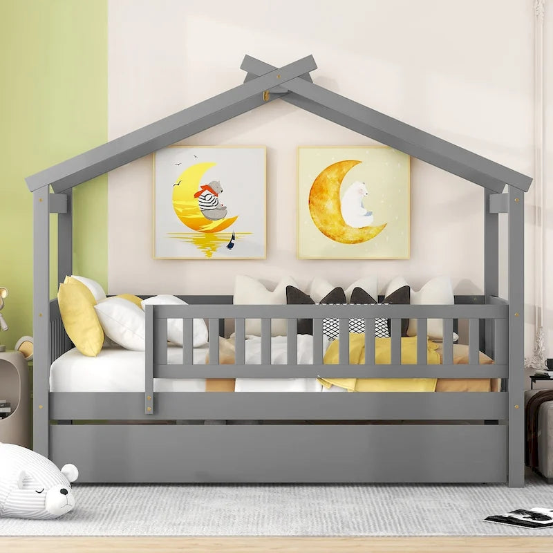 Twin Size Pine Wood House Bed with Twin Size Trundle, Full-Length Guardrail