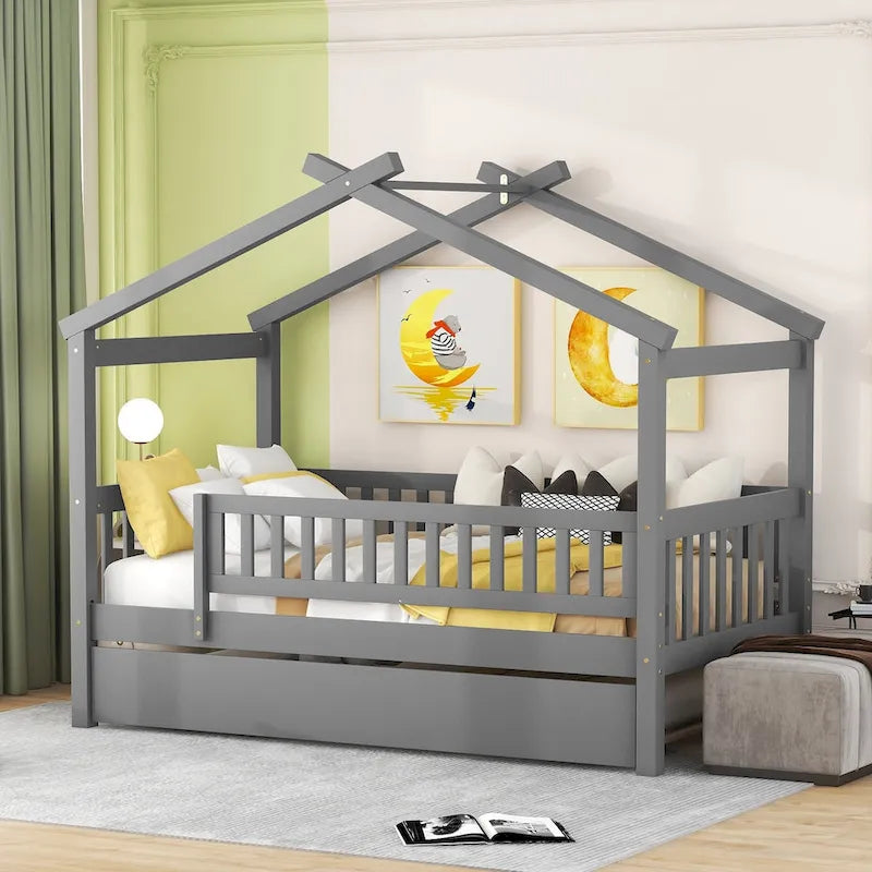 Twin Size Pine Wood House Bed with Twin Size Trundle, Full-Length Guardrail