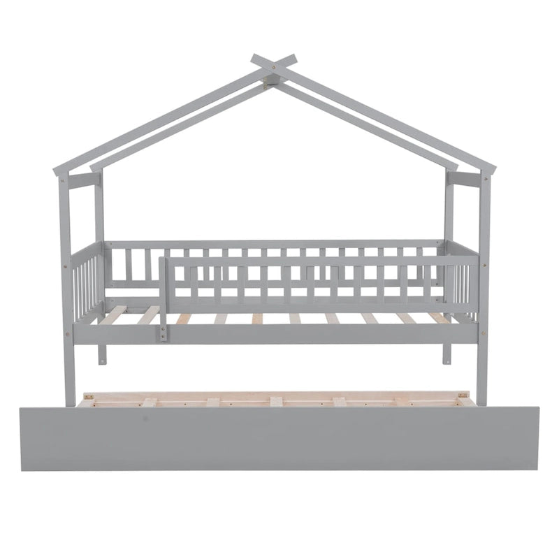 Twin Size Pine Wood House Bed with Twin Size Trundle, Full-Length Guardrail