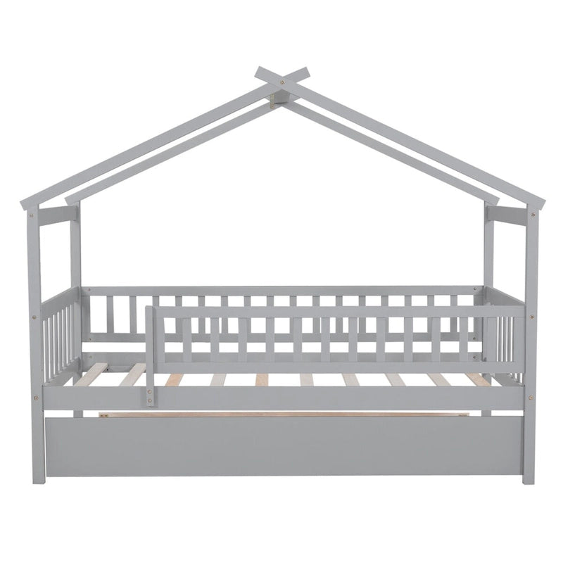 Twin Size Pine Wood House Bed with Twin Size Trundle, Full-Length Guardrail