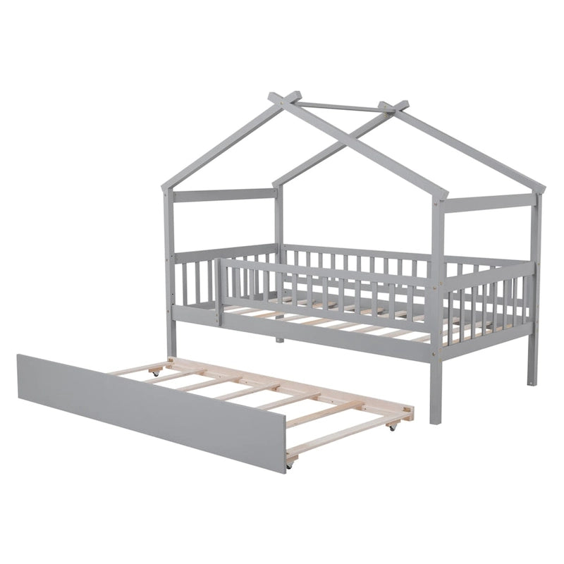 Twin Size Pine Wood House Bed with Twin Size Trundle, Full-Length Guardrail
