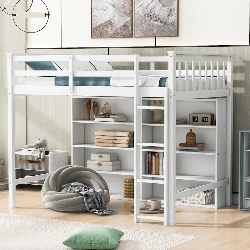Wood Twin Size Loft Bed with 8 Open Storage Shelves, Multi-Function Loft Bed
