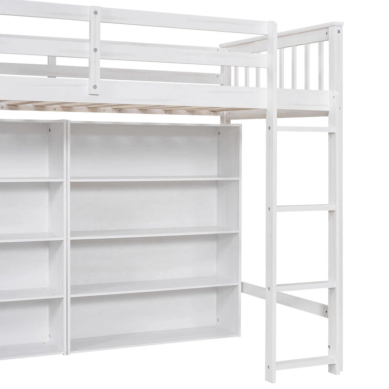 Wood Twin Size Loft Bed with 8 Open Storage Shelves, Multi-Function Loft Bed