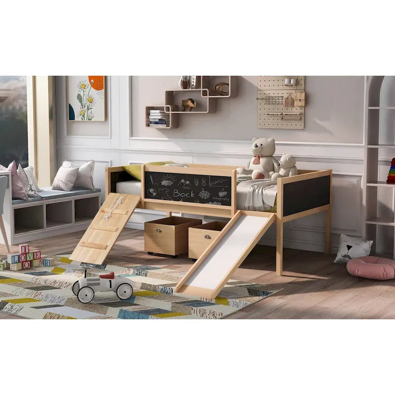 Twin size Loft Bed Wood Bed with Three Blackboards, Two Storage Boxes and A Slide, Three Colors Available
