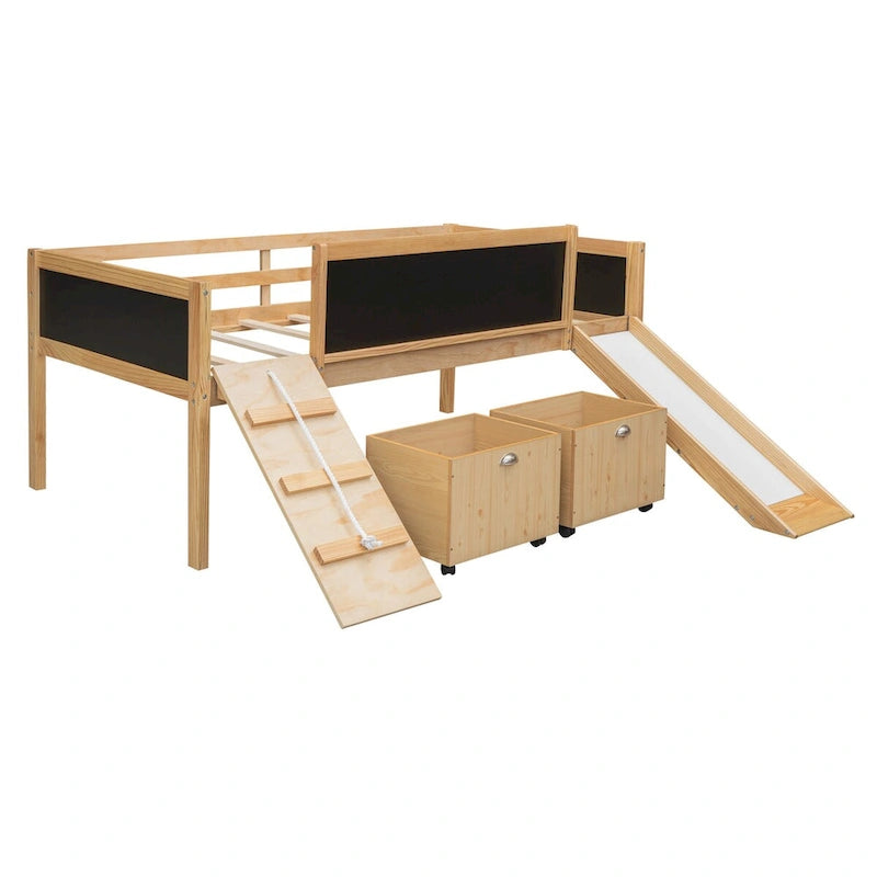 Twin size Loft Bed Wood Bed with Three Blackboards, Two Storage Boxes and A Slide, Three Colors Available