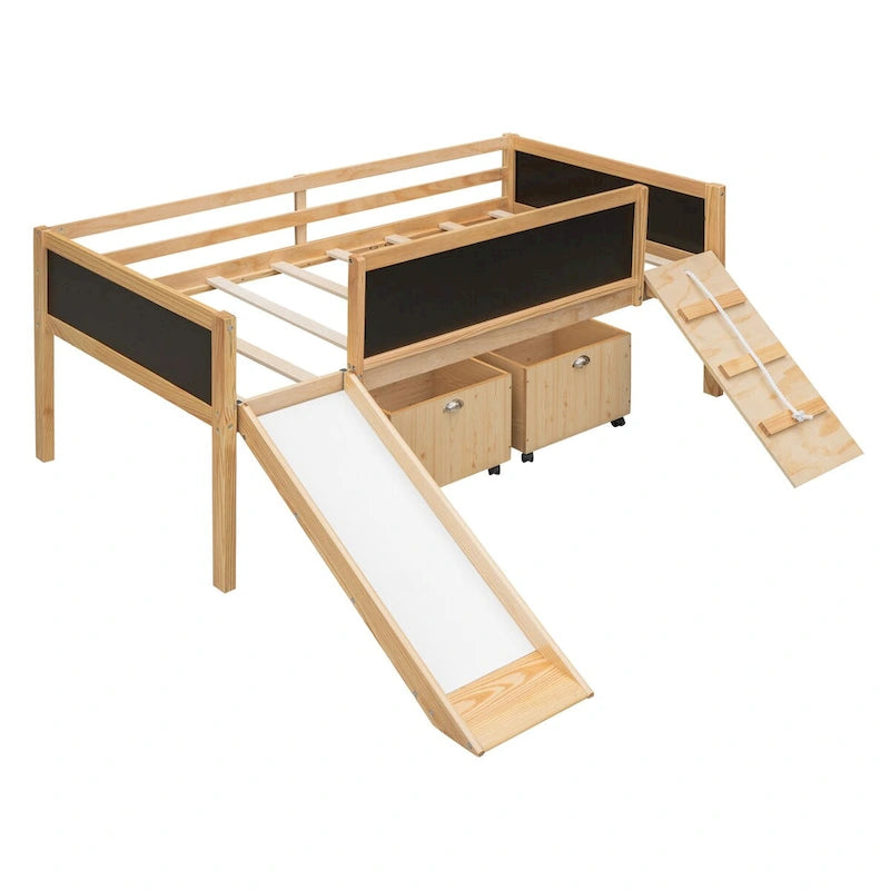 Twin size Loft Bed Wood Bed with Three Blackboards, Two Storage Boxes and A Slide, Three Colors Available