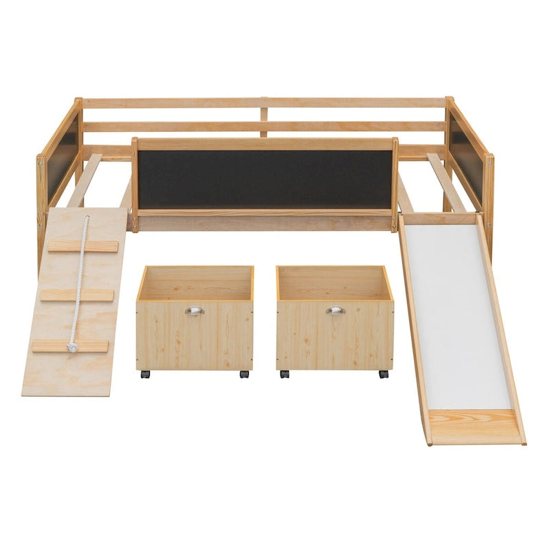 Twin size Loft Bed Wood Bed with Three Blackboards, Two Storage Boxes and A Slide, Three Colors Available