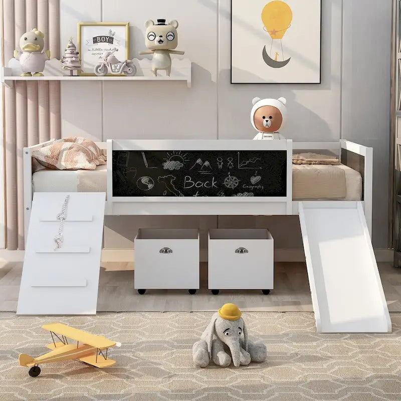 Twin size Loft Bed Wood Bed with Three Blackboards, Two Storage Boxes and A Slide, Three Colors Available