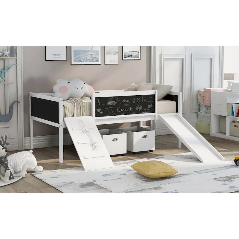 Twin size Loft Bed Wood Bed with Three Blackboards, Two Storage Boxes and A Slide, Three Colors Available