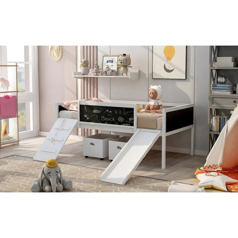 Twin size Loft Bed Wood Bed with Three Blackboards, Two Storage Boxes and A Slide, Three Colors Available