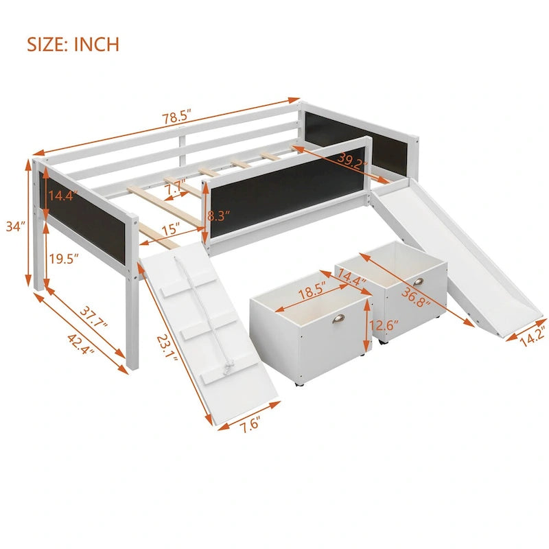 Twin size Loft Bed Wood Bed with Three Blackboards, Two Storage Boxes and A Slide, Three Colors Available